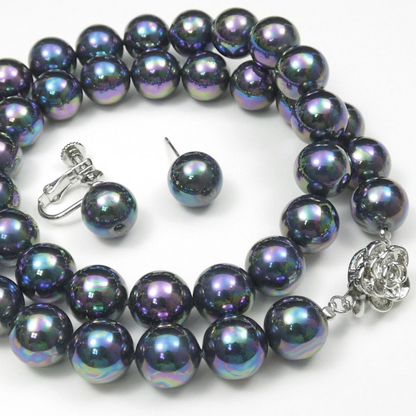 黒真珠ネックレス イヤリングorピアスセット 約45cm ピーコック系