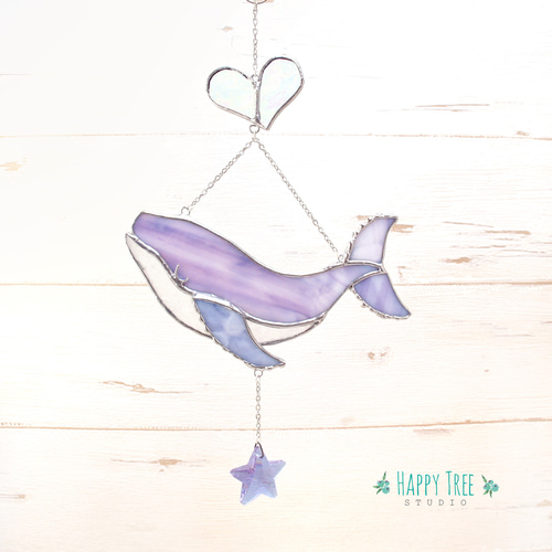 再販】ステンドグラス クジラのサンキャッチャー ブルー (金属部