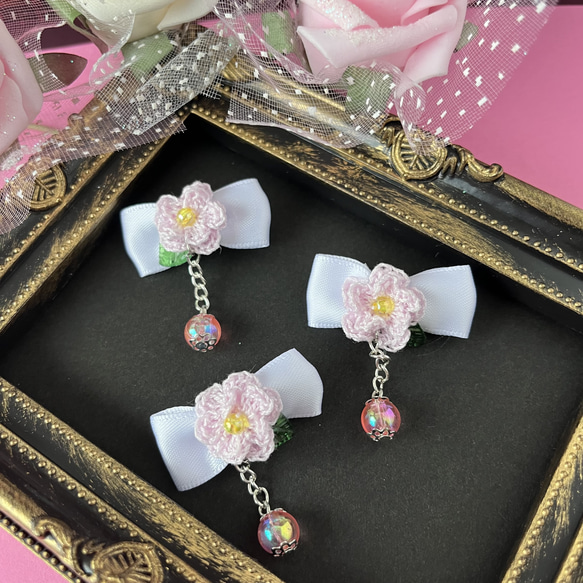 【複数購入でお得】2way♡かぎ針編みお花のミニリボン♡　可愛い/キッズ/ベビー/優しい/ほんわか/パステル/ロリータ 6枚目の画像