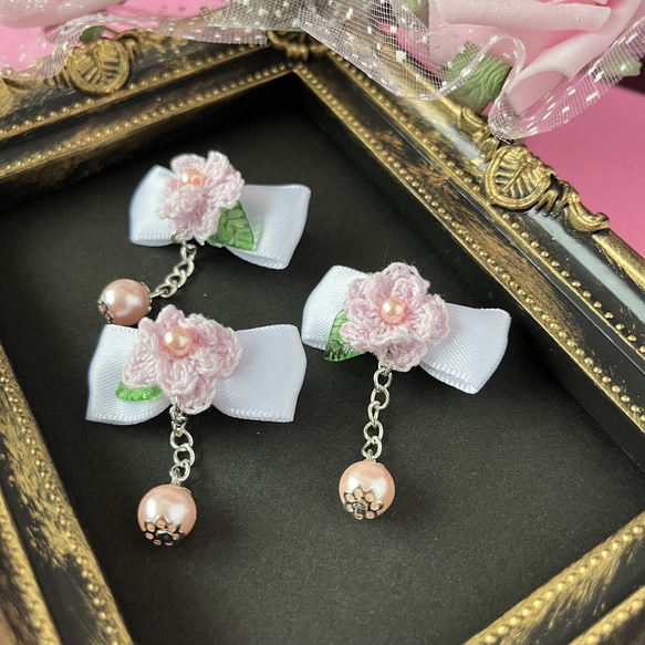 【複数購入でお得】2way♡かぎ針編みお花のミニリボン♡　可愛い/キッズ/ベビー/優しい/ほんわか/パステル/ロリータ 2枚目の画像