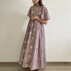 【総丈130cm】Flare Sleeve Dress | Beige × Purple 1枚目の画像