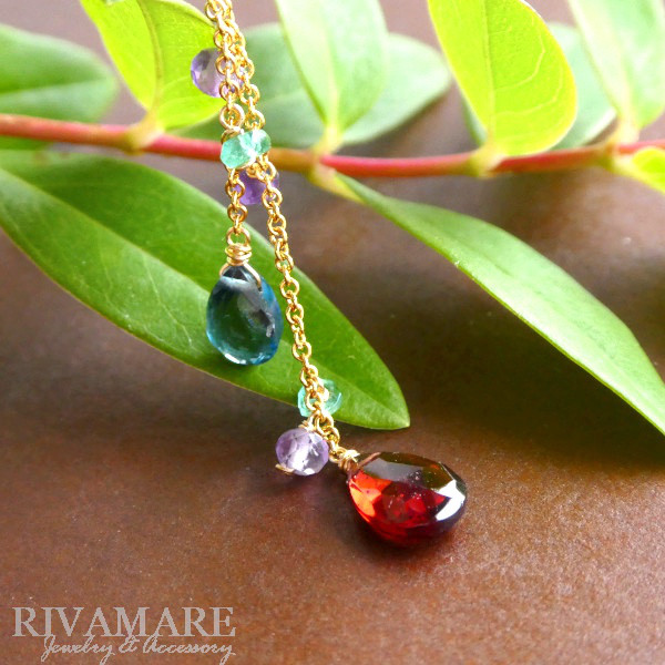 モザンビークガーネット ロンドンブルートパーズ アメジスト ラベンダーアメジスト エメラルド Y字ネックレス