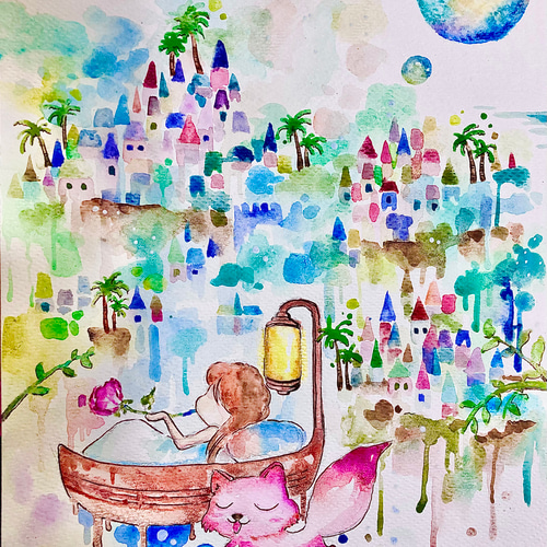 原画)横浜・みなとみらいの桜が見える風景5【水彩画】絵画 原画)横浜・みなとみらいの桜が見える風景5【水彩画】絵画