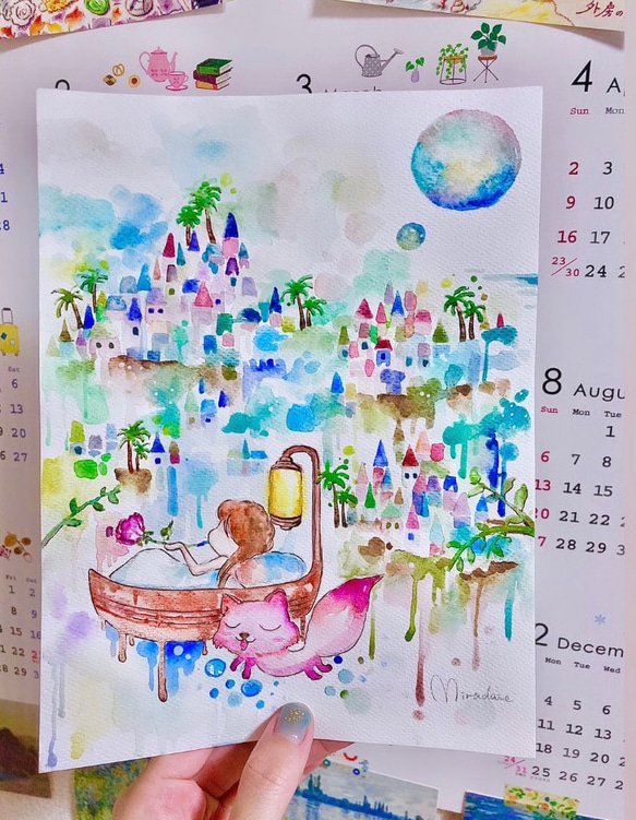 原画｜涼しい 水彩画 風景画 抽象画 手描き ボート ペット インテリア 1枚目の画像