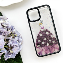 『かすみ草＆紫陽花』ドレス  シリコンケース 押し花スマホケース iPhone15Pro/14/13/12/SE/7/8 1枚目の画像