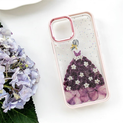 『かすみ草＆紫陽花』ドレス  シリコンケース 押し花スマホケース iPhone15Pro/14/13/12/SE/7/8 6枚目の画像