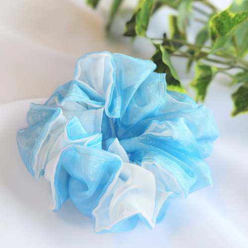 オ－ガンジー×シフォンジョーゼットのシュシュ ＊水色×白色＊ シュシュ