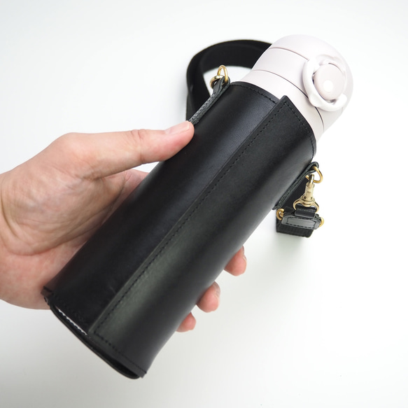 【サイズ調節できる】ボトル ホルダー (オイルレザー ブラック)　ペットボトル　水筒　カバー　ケース 7枚目の画像