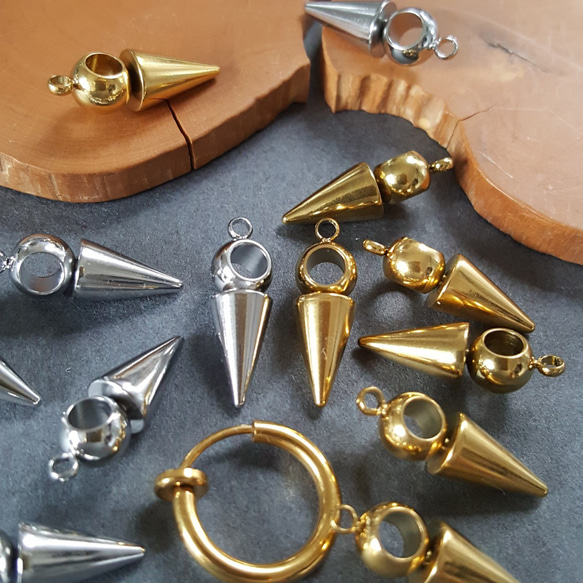 2pcs] オールステンレス製 スパイク コーン 円錐 チャーム まる付き 小