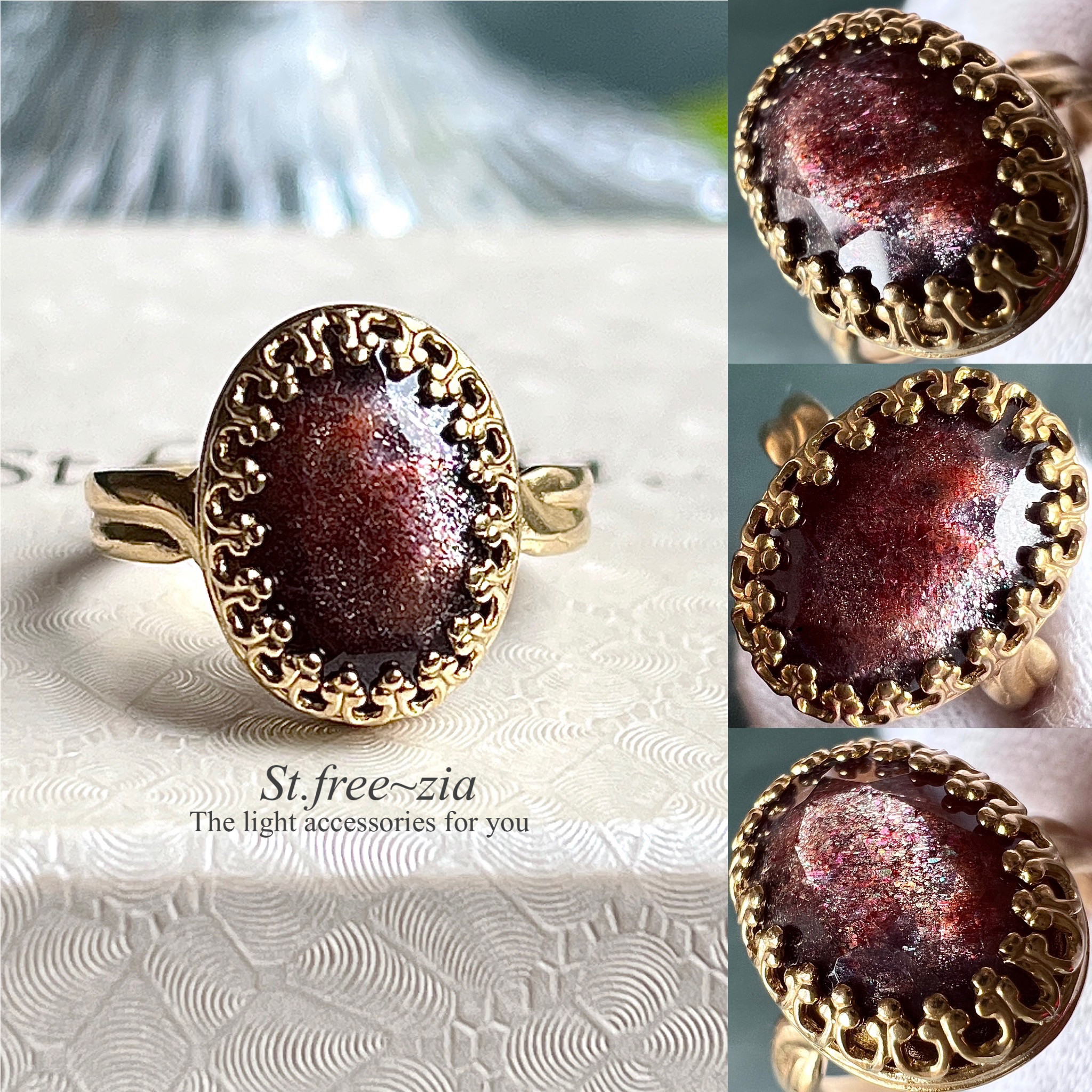 真鍮☆大粒☆宝石質ブラッドショットアイオライトAAA-☆11〜18号フリーサイズ☆13×9.2mm☆指輪