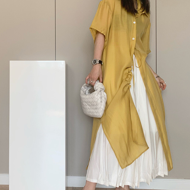【新作再販】紐付き半袖シアーロングシャツワンピース23007YEF