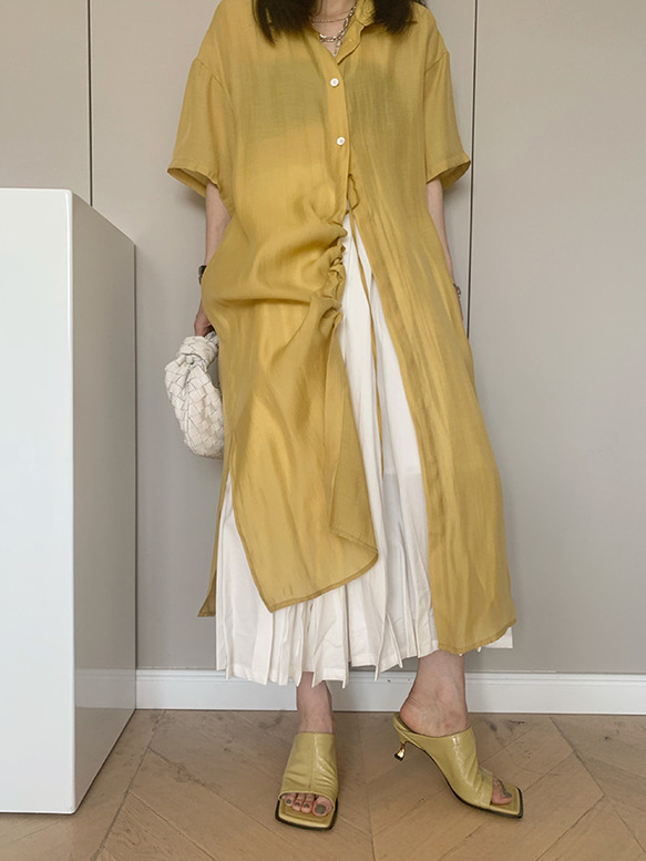 【新作再販】紐付き半袖シアーロングシャツワンピース23007YEF 7枚目の画像