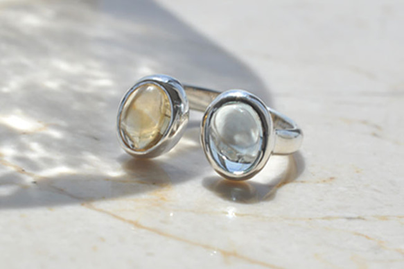 ソーダ水とレモネードのフォークリング　Blue Topaz & Citrine Quartz 1枚目の画像