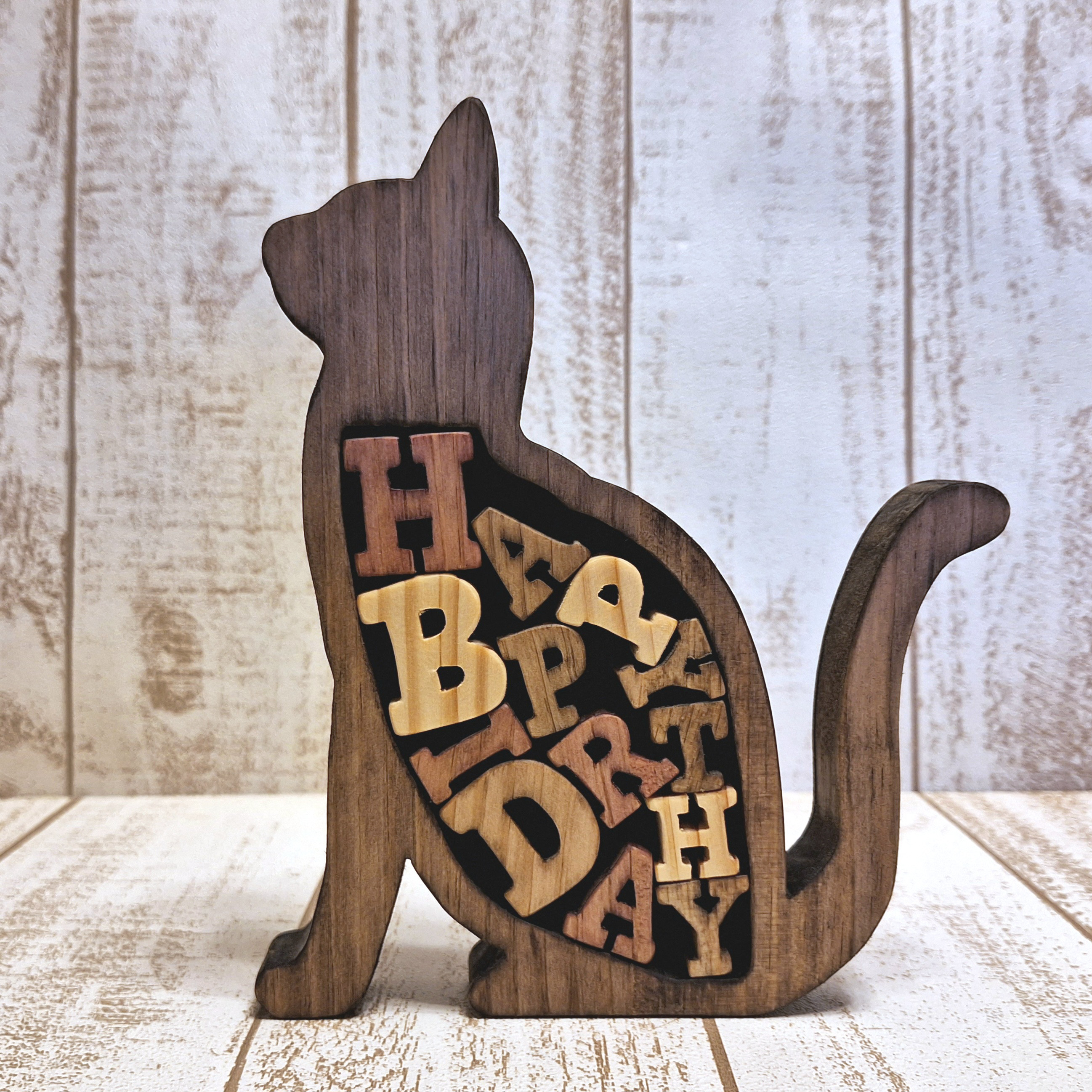 猫の日2026 【受注制作】木製 猫＆アルファベット置物｜誕生日・ペット記念・犬種＆色オーダー可