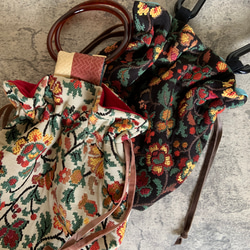 リング付き巾着バッグ、ゴブラン花柄、ベージュ 2枚目の画像