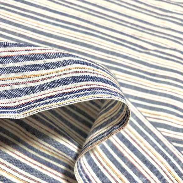 【50cm単位】インドカディ　ネイビーイエローホワイトストライプ　56番手　手紡ぎ・手織りテキスタイル　コットン 1枚目の画像