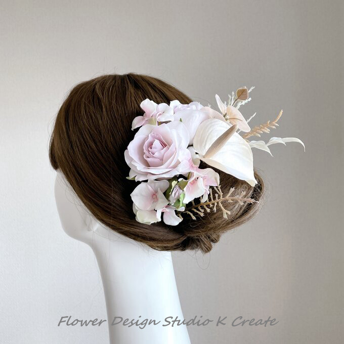 アンスリウムと薔薇のヘッドドレス　ブライダル　 ヘアアクセサリー　髪飾り　ウェディング　結婚式　卒業式　リゾ婚　成人式