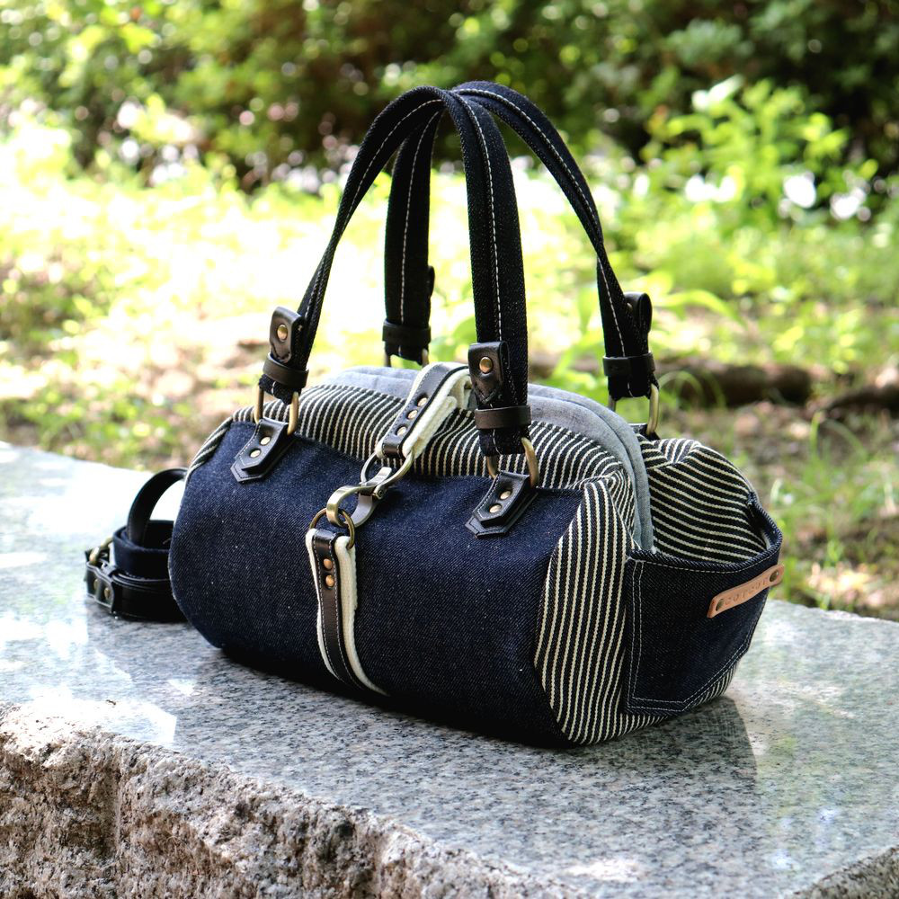 バージョンアップして再販いたします☆Poccia【藍の音ainone】大きな口のボストンバッグ/デニム&ヒッコリー/受注