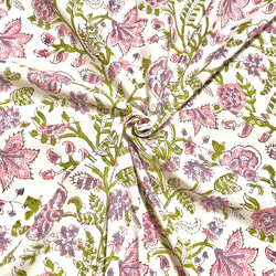[50cm單位]白色粉紅色紫色花朵印度手工塊印花布料紡織棉 第1張的照片