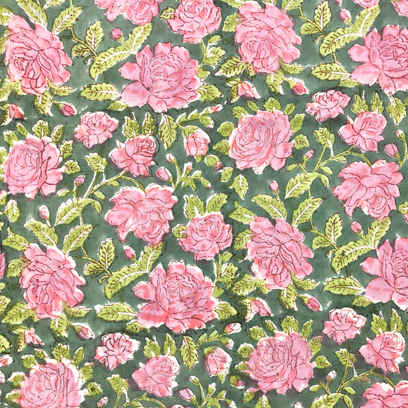 [50cm單位]暗淡深綠色粉紅色花朵印度手工塊印花布料紡織棉 第3張的照片