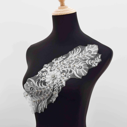 AZ142シルバー 立体お花モチーフレース 胸元モチーフ 刺繍レース
