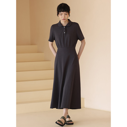 後ろの腰が見えるワンピース polo襟ワンピース 100％コットン2枚風