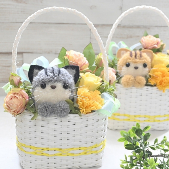 もこペット【猫 イエローバスケット】プリザーブドフラワー 花 お供え 誕生日 動物 フラワーギフト フラワーアレンジ 7枚目の画像