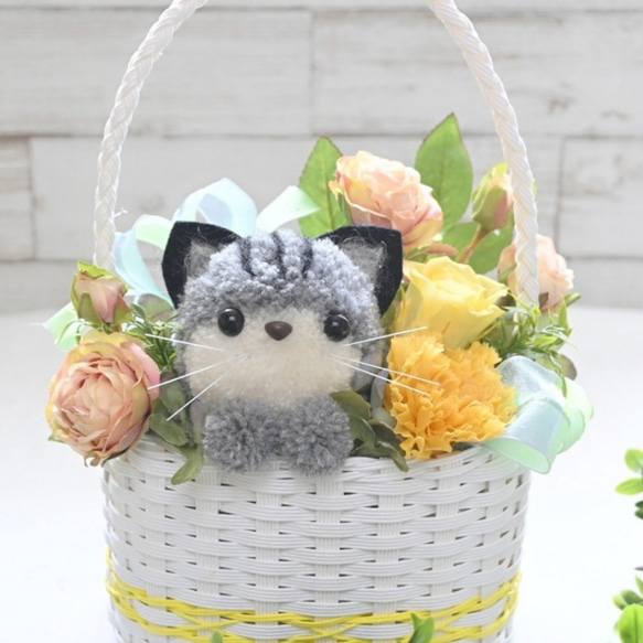 もこペット【猫 イエローバスケット】プリザーブドフラワー 花 お供え 誕生日 動物 フラワーギフト フラワーアレンジ 4枚目の画像