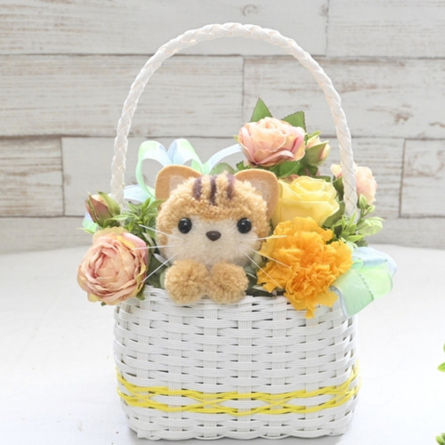 もこペット【猫 イエローバスケット】プリザーブドフラワー 花 お供え
