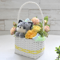 もこペット【猫 イエローバスケット】プリザーブドフラワー 花 お供え 誕生日 動物 フラワーギフト フラワーアレンジ 6枚目の画像