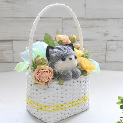もこペット【猫 イエローバスケット】プリザーブドフラワー 花 お供え