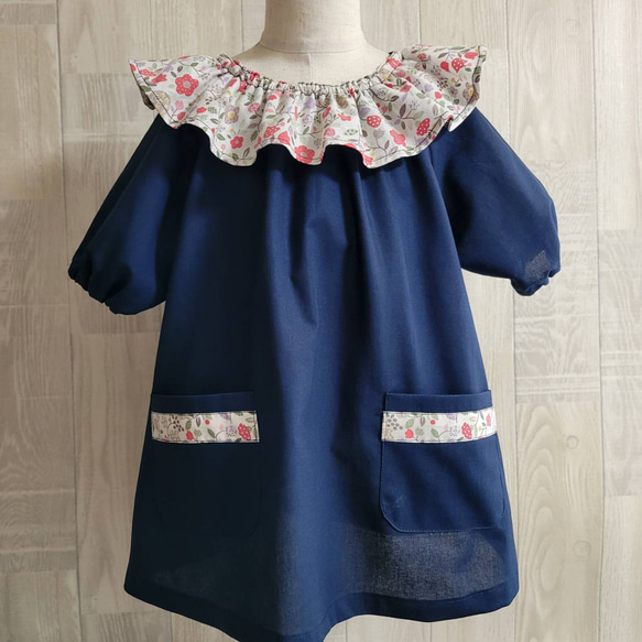 80～150size 花柄 フリル襟 半袖スモック 袖口ゴム入り 子供服 menma 