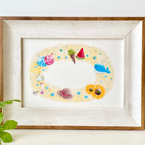 透明水彩画 A4ポスター「夏のリース」イラスト クジラ ひまわり スイカ