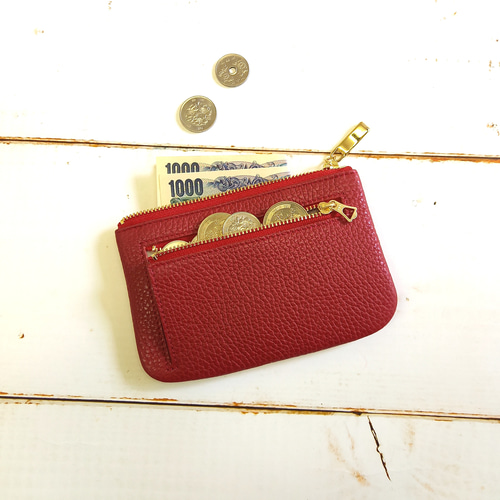 ミニ財布にもなる本革マルチケース(チェリーピンク)ミニ化粧ポーチ