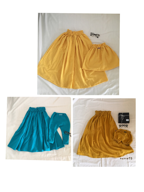 <14色>親子リンクコーデ 柔らかガーゼのロングスカートとサルエルパンツ  ターコイズ 2枚目の画像