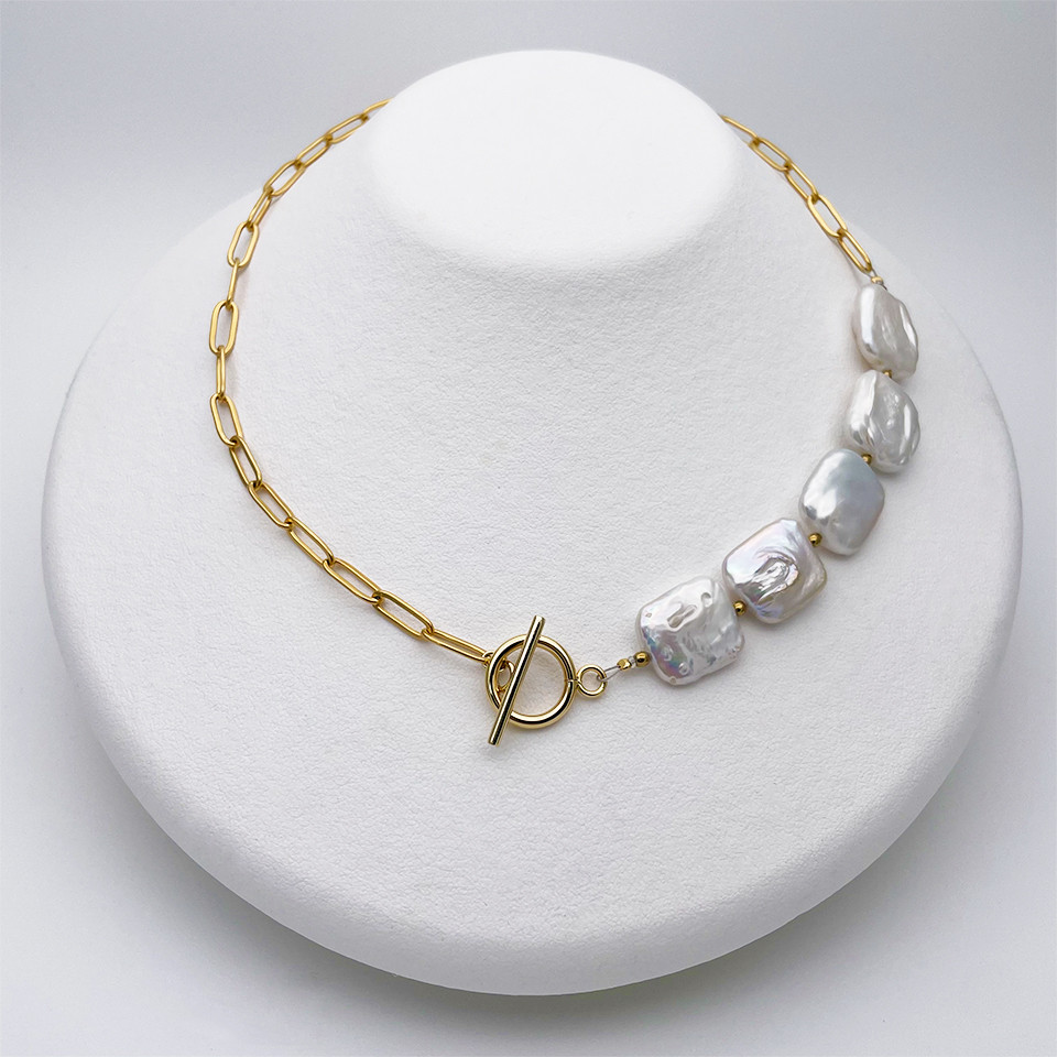 大粒本真珠ネックレス マンテル 淡水パール レクタングル バロック ゴールド系 ステンレスチェーン 18KGP