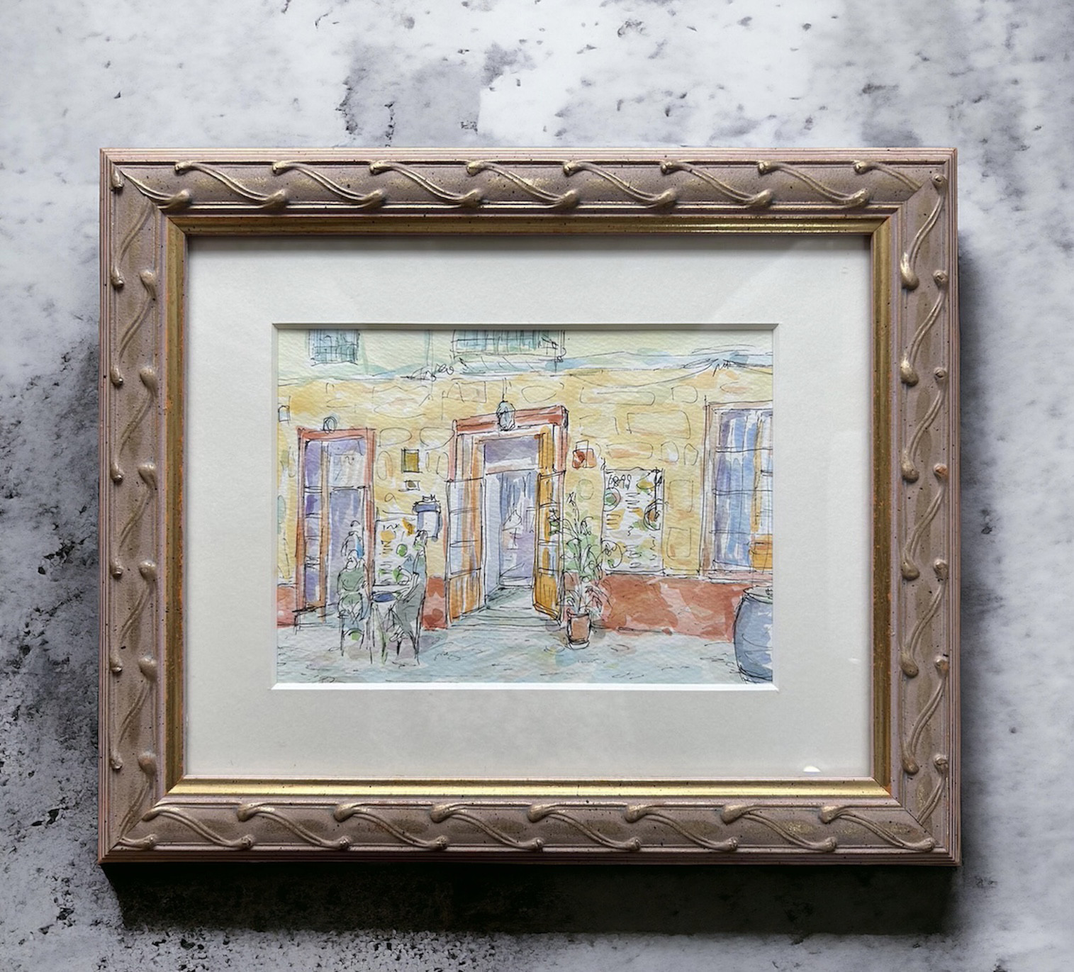 透明水彩画 原画 「エーゲ海とブーゲンビリア」額縁付 F4サイズ 風景画