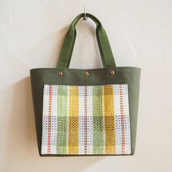 【Creema限定 夏の福袋】カントリーチェック手織り布のミニトートとポーチのセット（グリーン） 2枚目の画像