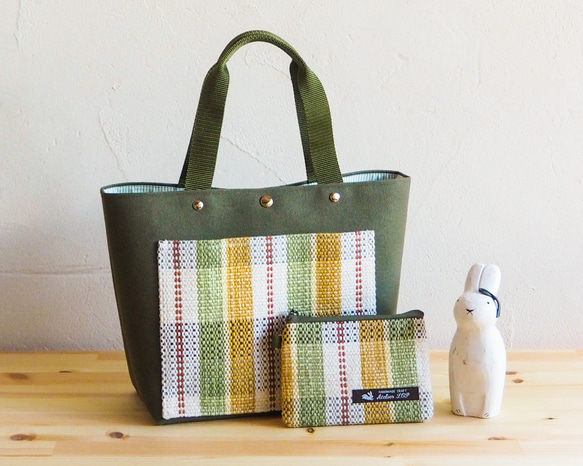 【Creema限定 夏の福袋】カントリーチェック手織り布のミニトートとポーチのセット（グリーン） 1枚目の画像