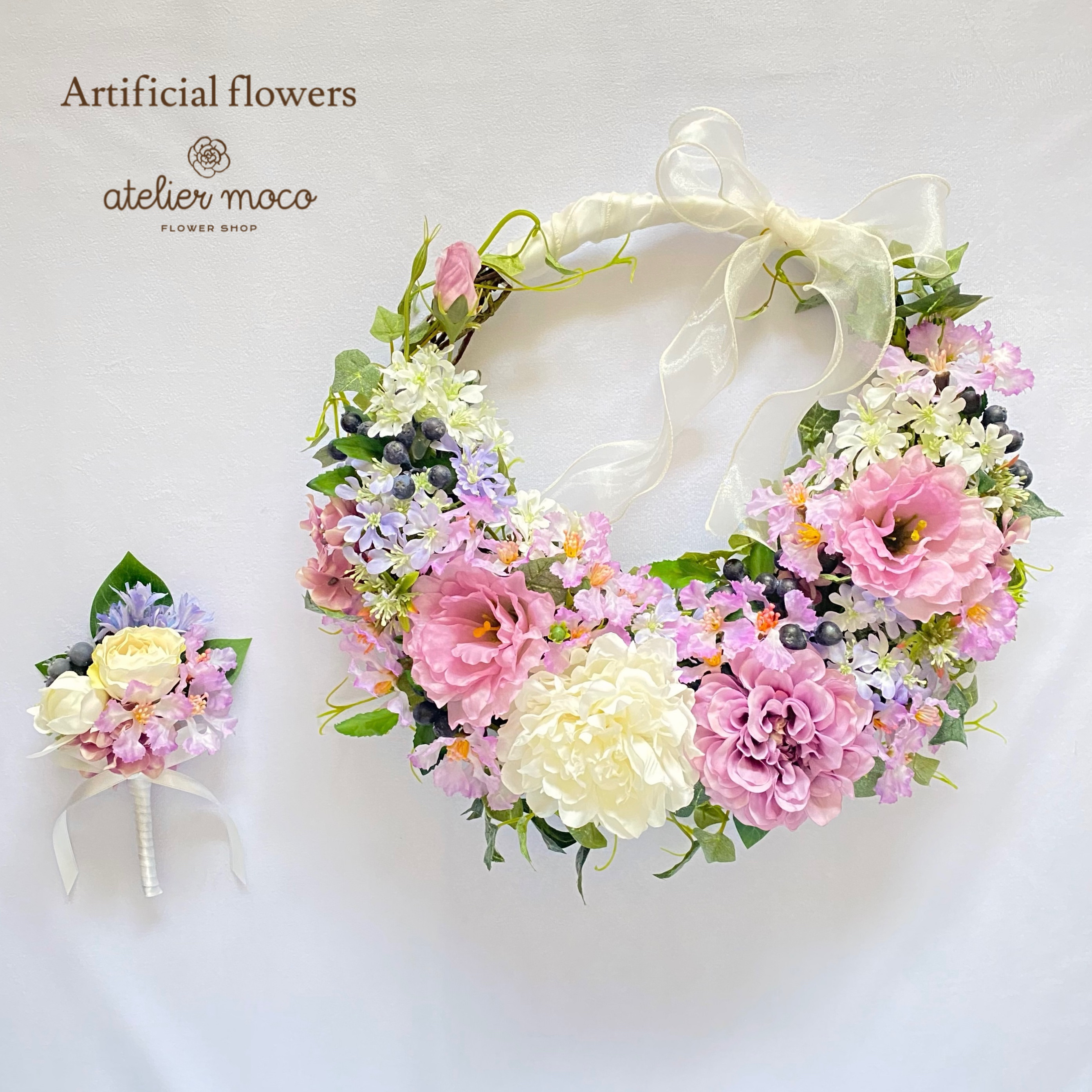 【早期納品】ピオニー&トルコキキョウのナチュラル リースブーケ（造花・ブーケ・ウェディング・結婚式・前撮り・フォト）