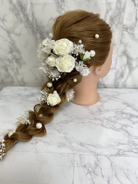 髪飾り 結婚式 成人式 白薔薇 ヘッドドレス パール ヘアアクセサリー 4枚目の画像