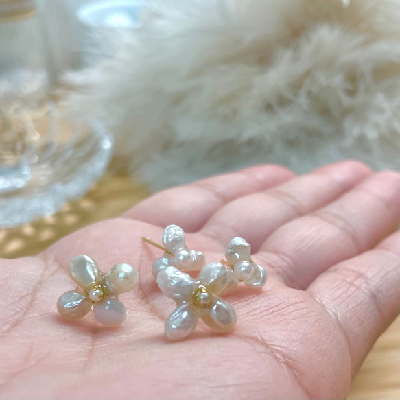 【petit flower】3petals  極小淡水パールピアス 8枚目の画像