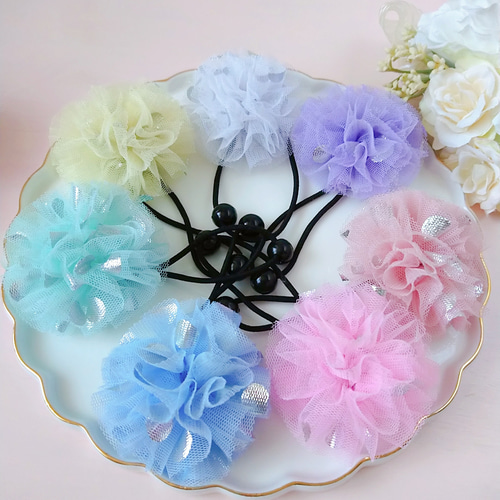 2個セット♪シルバー水玉のポンポンがかわいい♡チュールのヘアゴム 