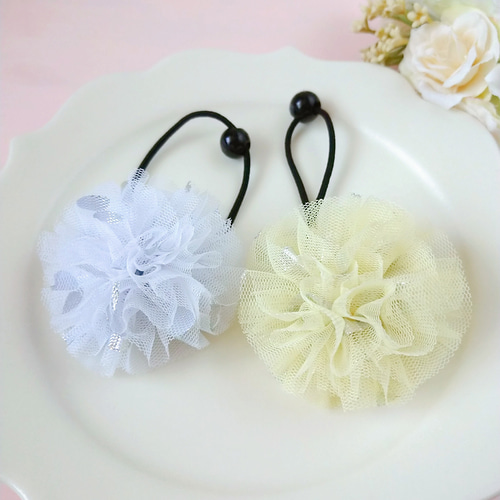 600円～☆ハンドメイド☆チュール☆ポンポン☆ヘアゴム ≪新色≫ポンポンチュールりぼん⑧ まんまるチュール ちゅーる