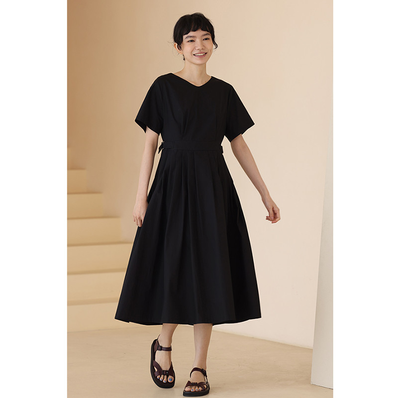 100%コットンワンピース　プリーツスカートワンピース　背中にVネックボタン開きデザイン　ブラック　S-XL#266