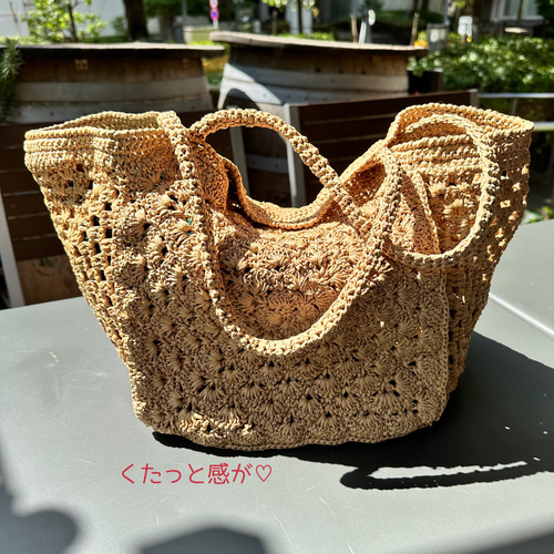 No.157 再販♪コットンラフィア模様編み大きめバッグ【受注制作