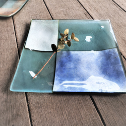 ガラスの器　銀澄皿　シルバー＆ブルー 21㎝角 6枚目の画像