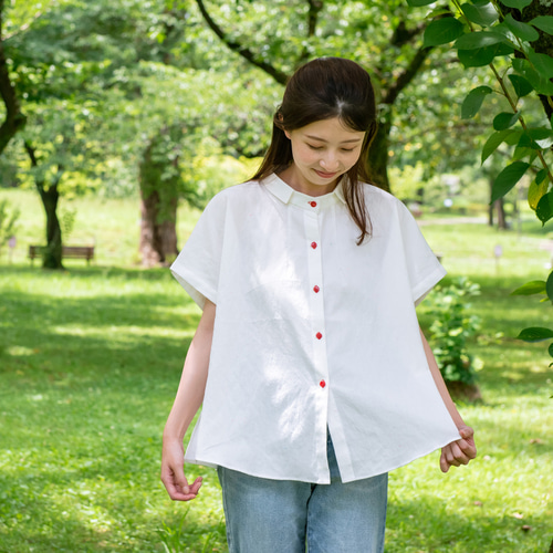 Hjärta) コードレーン フレンチスリーブシャツブラウス beige 遠州織物