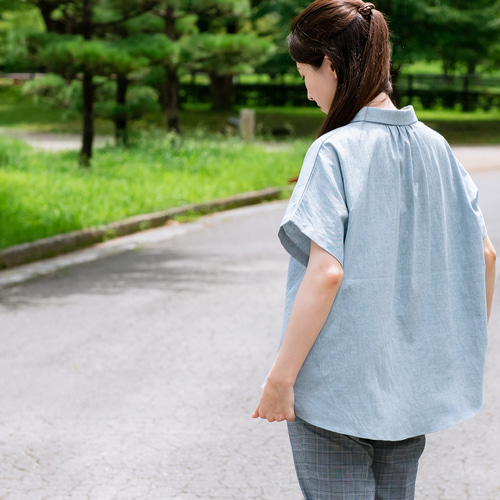 Hjärta) コードレーン フレンチスリーブシャツブラウス beige 遠州織物