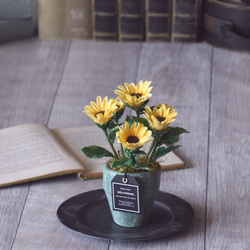 ◆粘土のお花◆　ミニひまわり　アンティーク　グリーンポット　H820 6枚目の画像